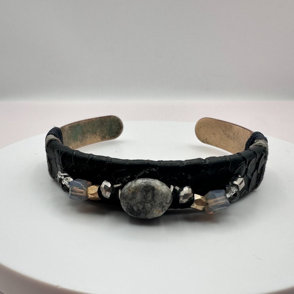 Vintage 90s Leather Beaded Cuff Bracelet Boho Retro Women's Classic Jewelry